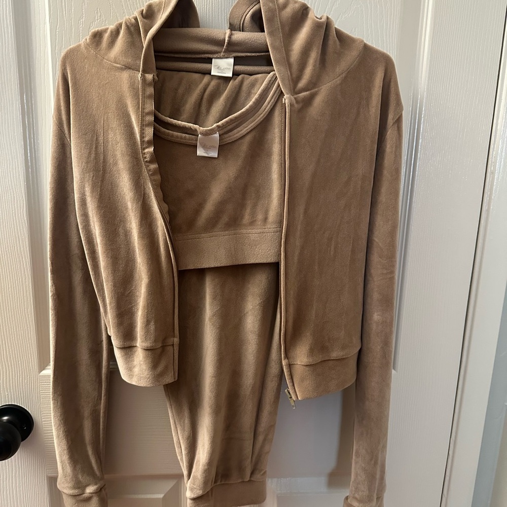 Women's Tan Velvet Hooded Jacket, Bralette and Pants. 3 in 1 outfits